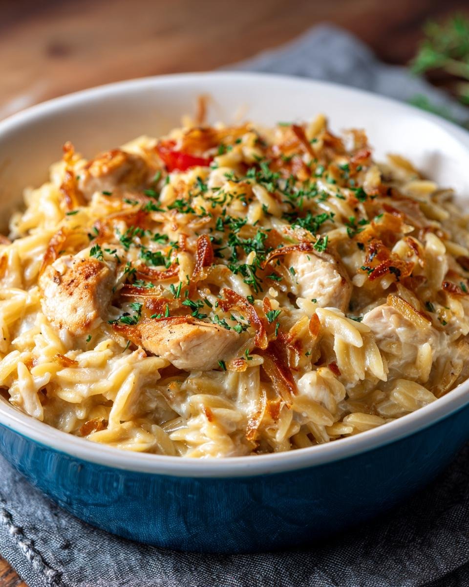 Casserole d'Orzo au Poulet : 550 Calories Réconfortantes 3 Gros plan d'une casserole d'orzo au poulet crémeuse, garnie d'oignons frits et de persil frais.