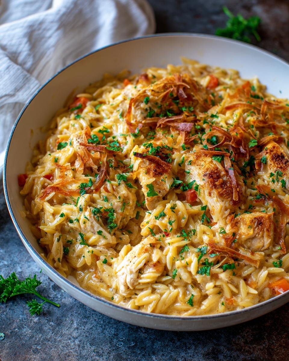 Casserole d'Orzo au Poulet : 550 Calories Réconfortantes 4 Gros plan d'une Casserole d'Orzo au Poulet crémeuse, garnie de poulet grillé, d'oignons croustillants et de persil frais.