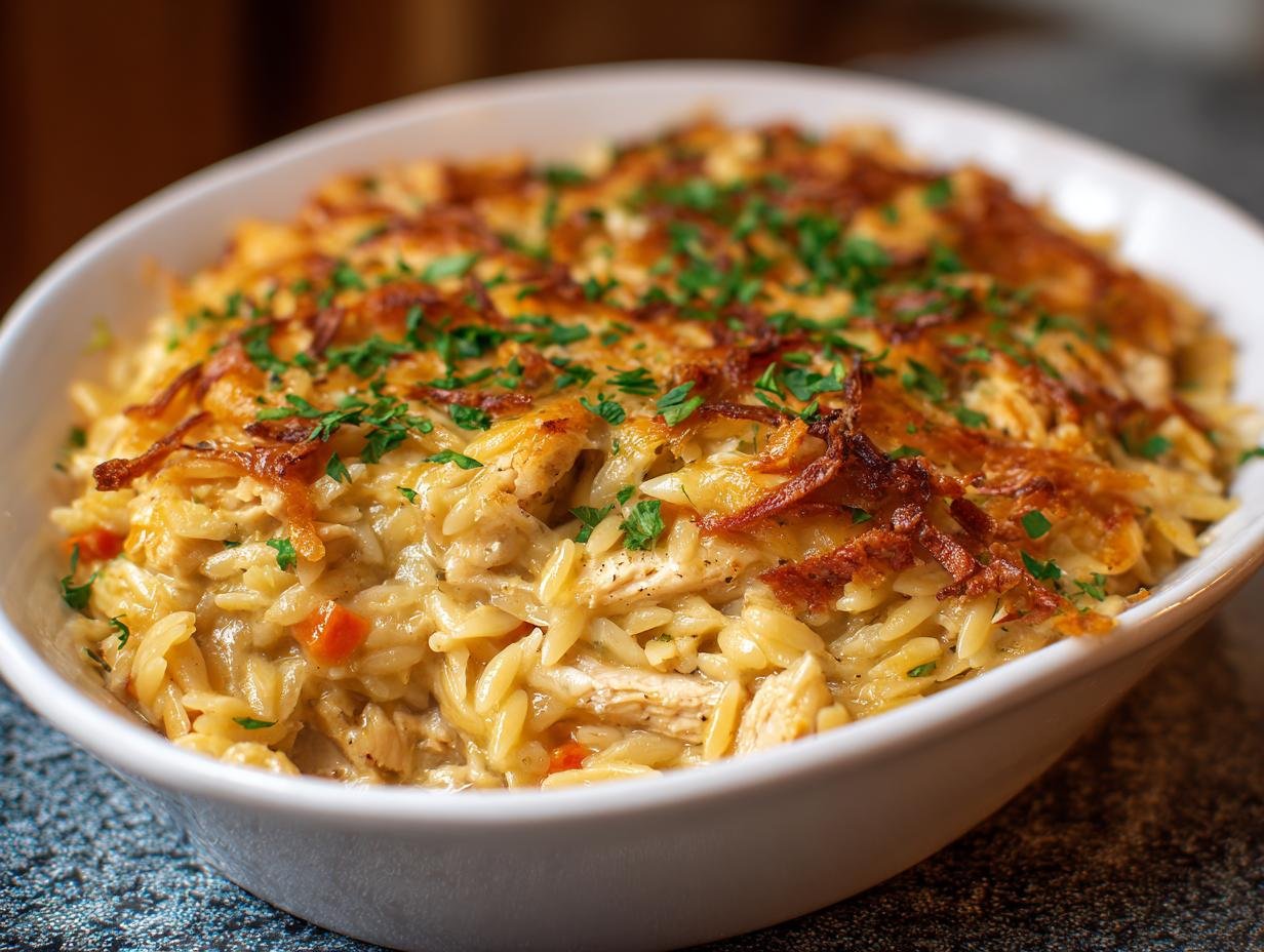 Casserole d'Orzo au Poulet : 550 Calories Réconfortantes 1 Gros plan sur une casserole d'orzo au poulet crémeuse garnie de fromage doré et de persil frais.