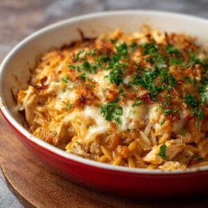 Gros plan d'une casserole d'orzo au poulet gratinée au fromage et garnie de persil frais.