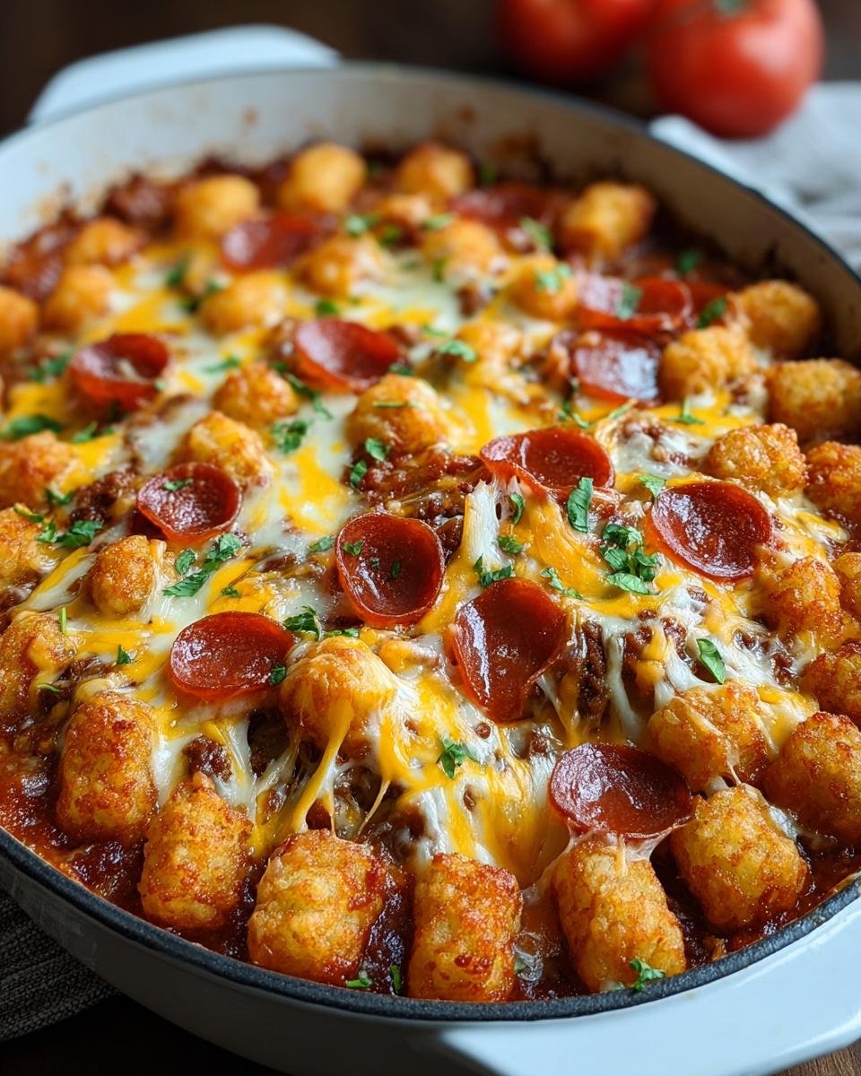 Gros plan d'une Casserole Pizza Tater Tots dorée et gratinée, garnie de pepperoni et de persil frais.