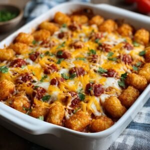 Gros plan d'une Casserole Pizza Tater Tots dorée et gratinée, garnie de fromage fondu et de persil.