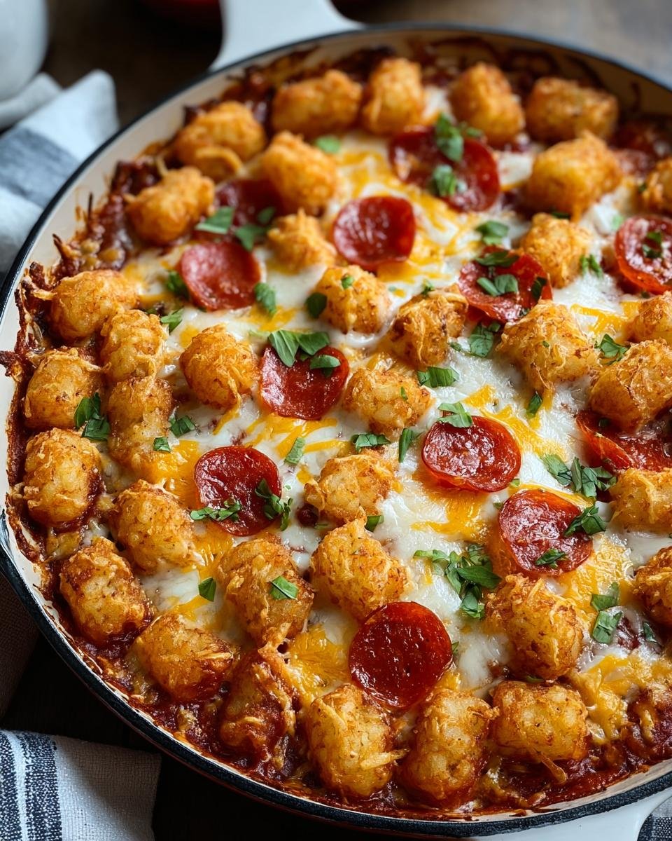 Gros plan d'une casserole pizza tater tots dorée et gratinée, garnie de pepperoni et de persil frais.