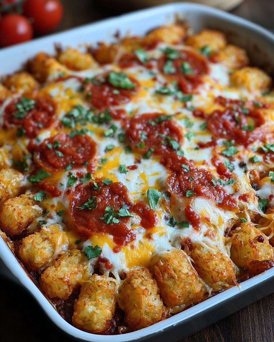 Gros plan d'une Casserole Pizza Tater Tots dorée et gratinée, garnie de pepperoni et de fromage fondu.