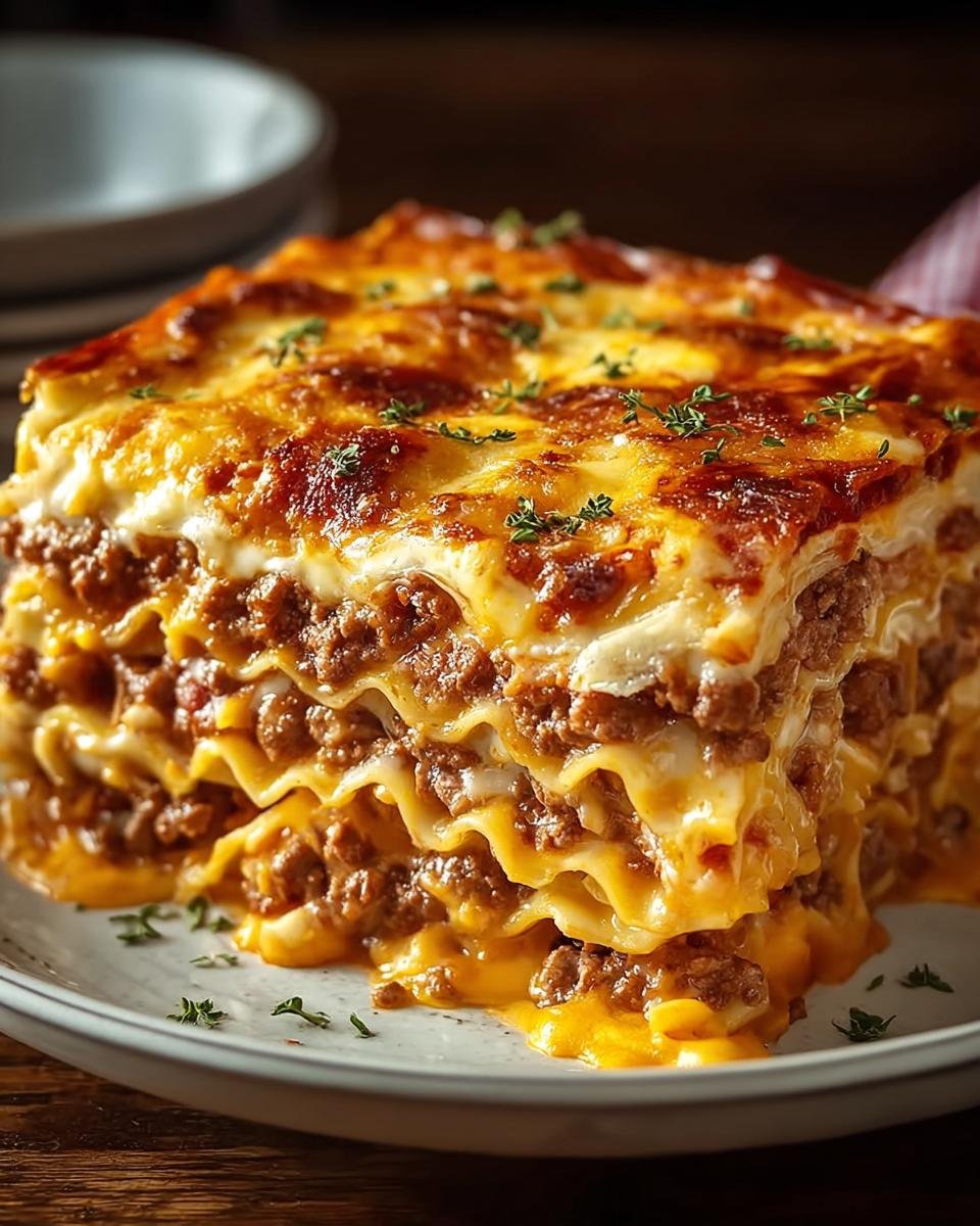 Gros plan d'une part de Cheeseburger Lasagne avec des couches de pâtes, de viande et de fromage fondu.