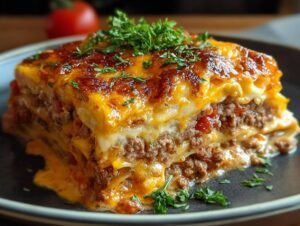 Gros plan d'une part de Cheeseburger Lasagne avec viande hachée, fromage fondant et persil frais.