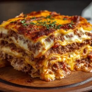 Gros plan d'une tranche de Cheeseburger Lasagne avec des couches de viande hachée, de fromage fondu et de pâtes.