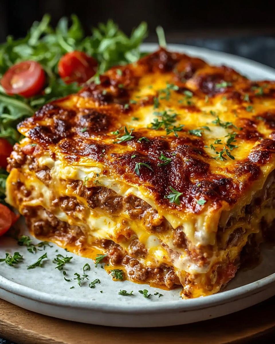 Gros plan d'une tranche de Cheeseburger Lasagne avec de la viande hachée, du fromage fondu et des pâtes, garnie de persil.
