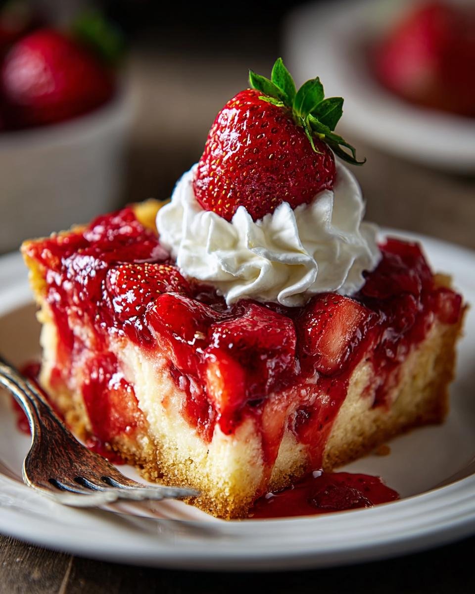 Gros plan d'une part de cheesecake aux fraises, garnie de crème fouettée et d'une fraise entière.
