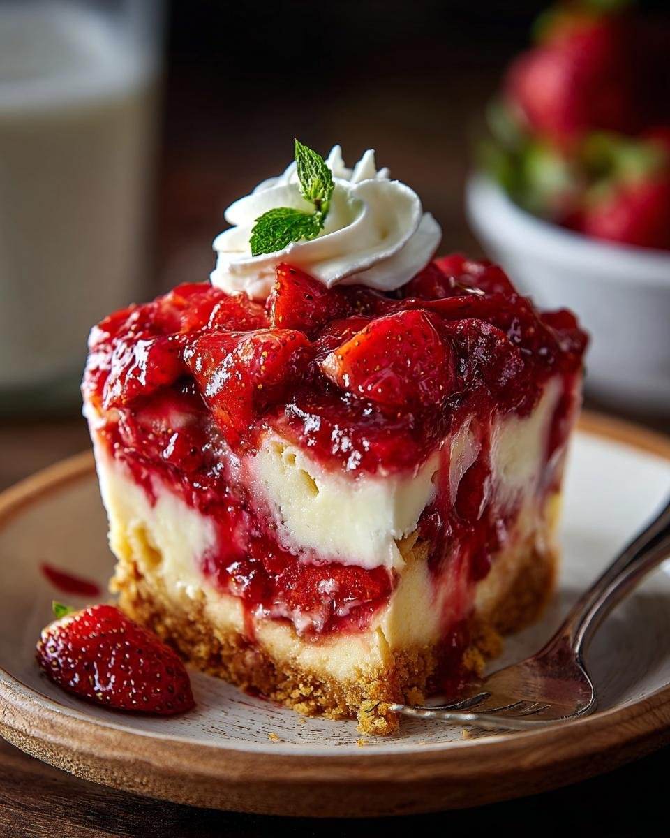Gros plan d'une part de cheesecake aux fraises, garnie de crème fouettée et de menthe.