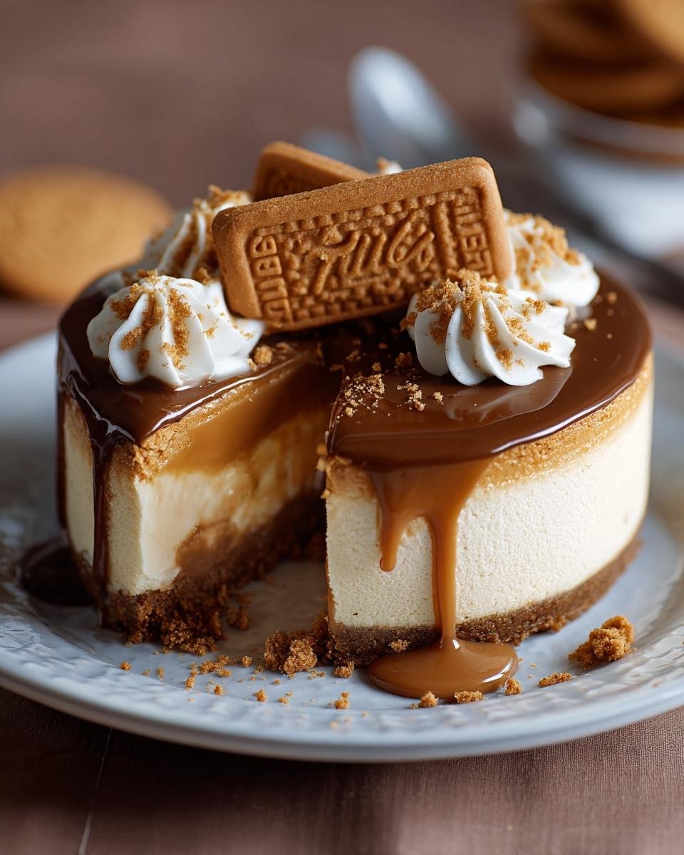 Gros plan d'un Cheesecake Biscoff coupé, garni de crème, de biscuits et d'un coulis de caramel dégoulinant.