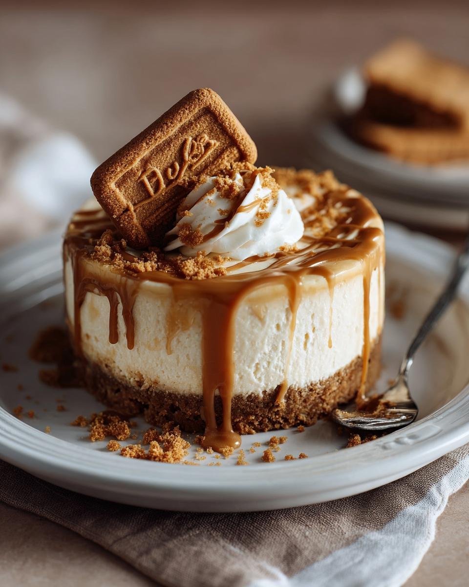 Gros plan d'un cheesecake Biscoff individuel garni de crème fouettée, de miettes de biscuit et de coulis caramel.