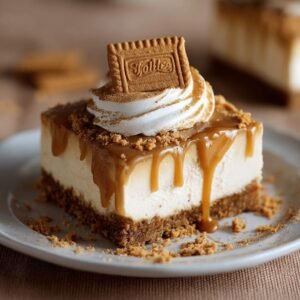 Gros plan d'une part de cheesecake Biscoff avec coulis de caramel, chantilly et biscuit.