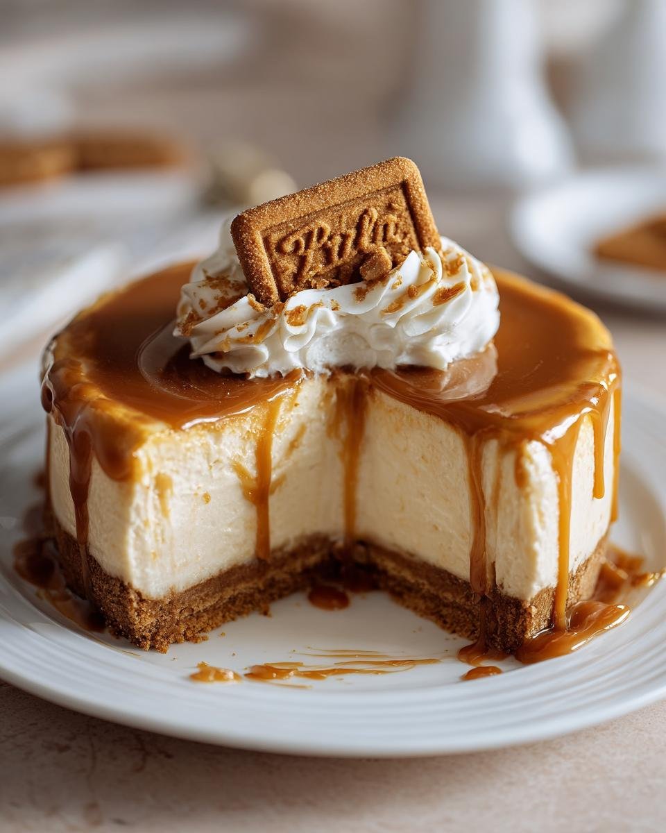 Gros plan d'un Cheesecake Biscoff coupé, garni de crème fouettée, d'un biscuit Biscoff et de coulis de caramel dégoulinant.