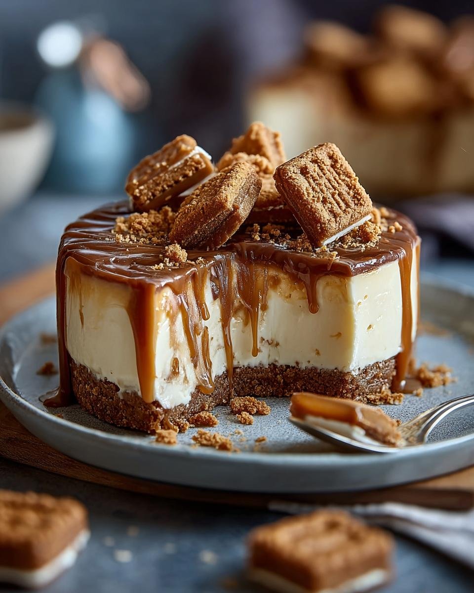 Gros plan d'un Cheesecake Biscoff recette, nappé de caramel coulant et garni de biscuits Biscoff.
