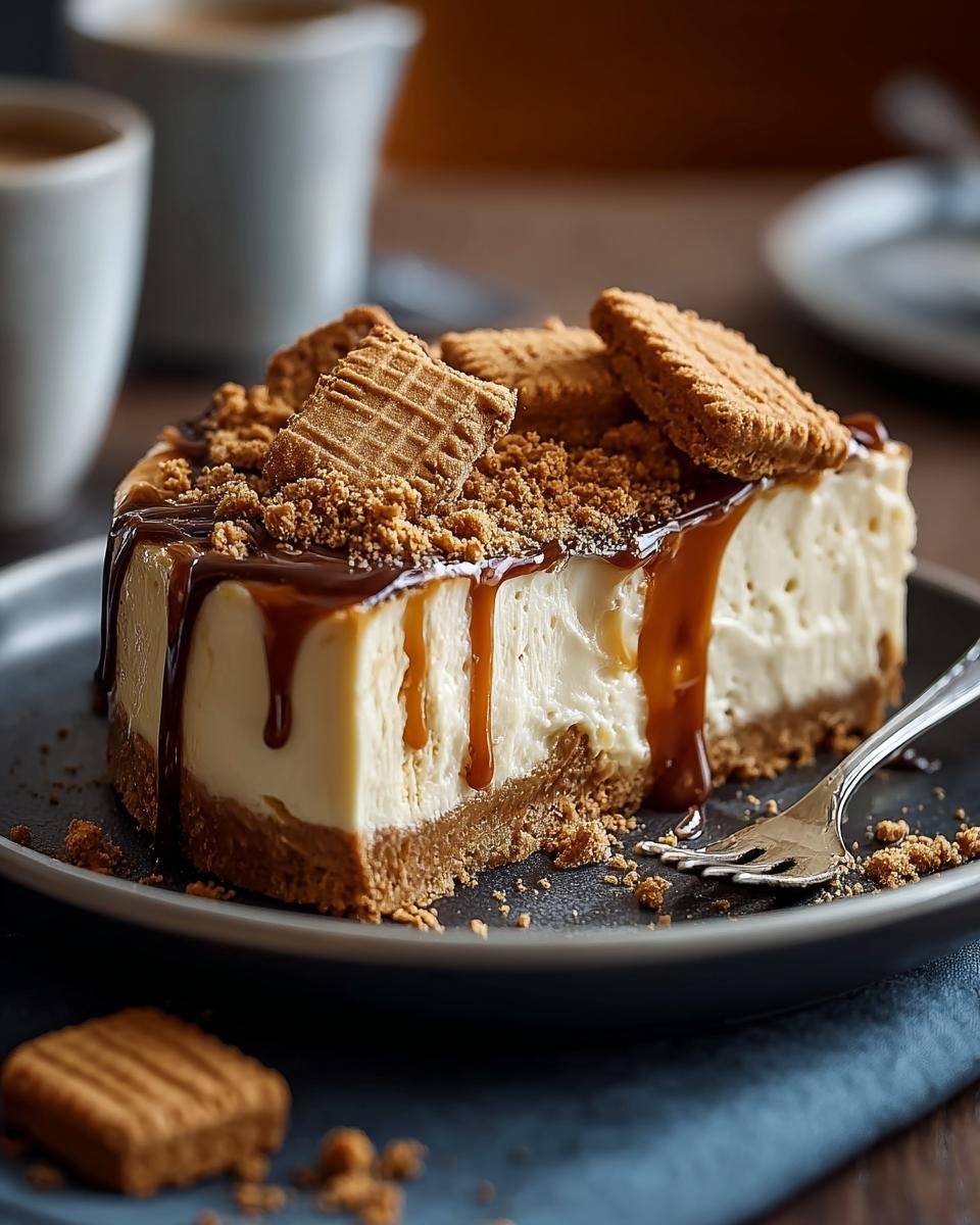 Gros plan d'une part de Cheesecake Biscoff avec coulis de caramel et biscuits.