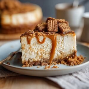 Gros plan d'une tranche de cheesecake Biscoff recette, garnie de biscuits et de sauce caramel dégoulinante.