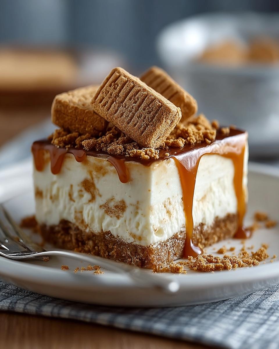 Gros plan d'une tranche de Cheesecake Biscoff recette, nappée de caramel et garnie de biscuits.