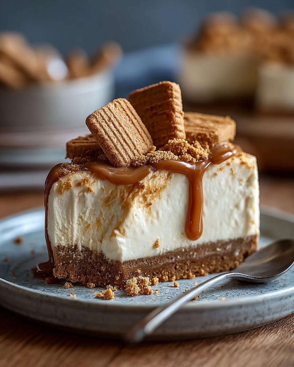 Gros plan d'une tranche de Cheesecake Biscoff avec sauce caramel et biscuits.