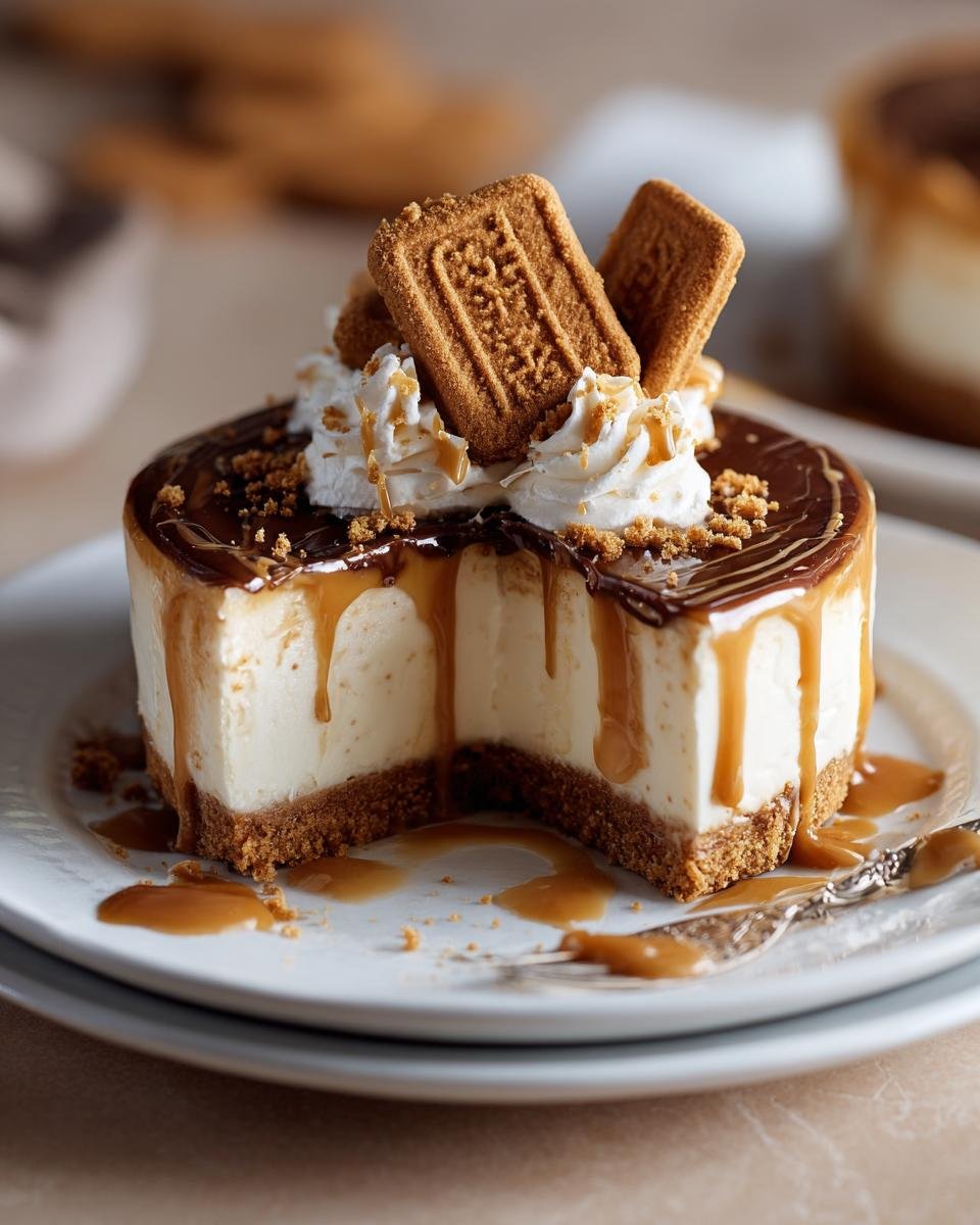 Gros plan d'une tranche de Cheesecake Biscoff, garnie de crème fouettée, de sauce caramel et de biscuits.