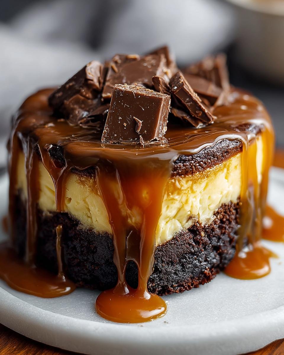 Gros plan d'un Cheesecake Brownie au Caramel Facile, nappé de caramel coulant et garni de morceaux de chocolat.
