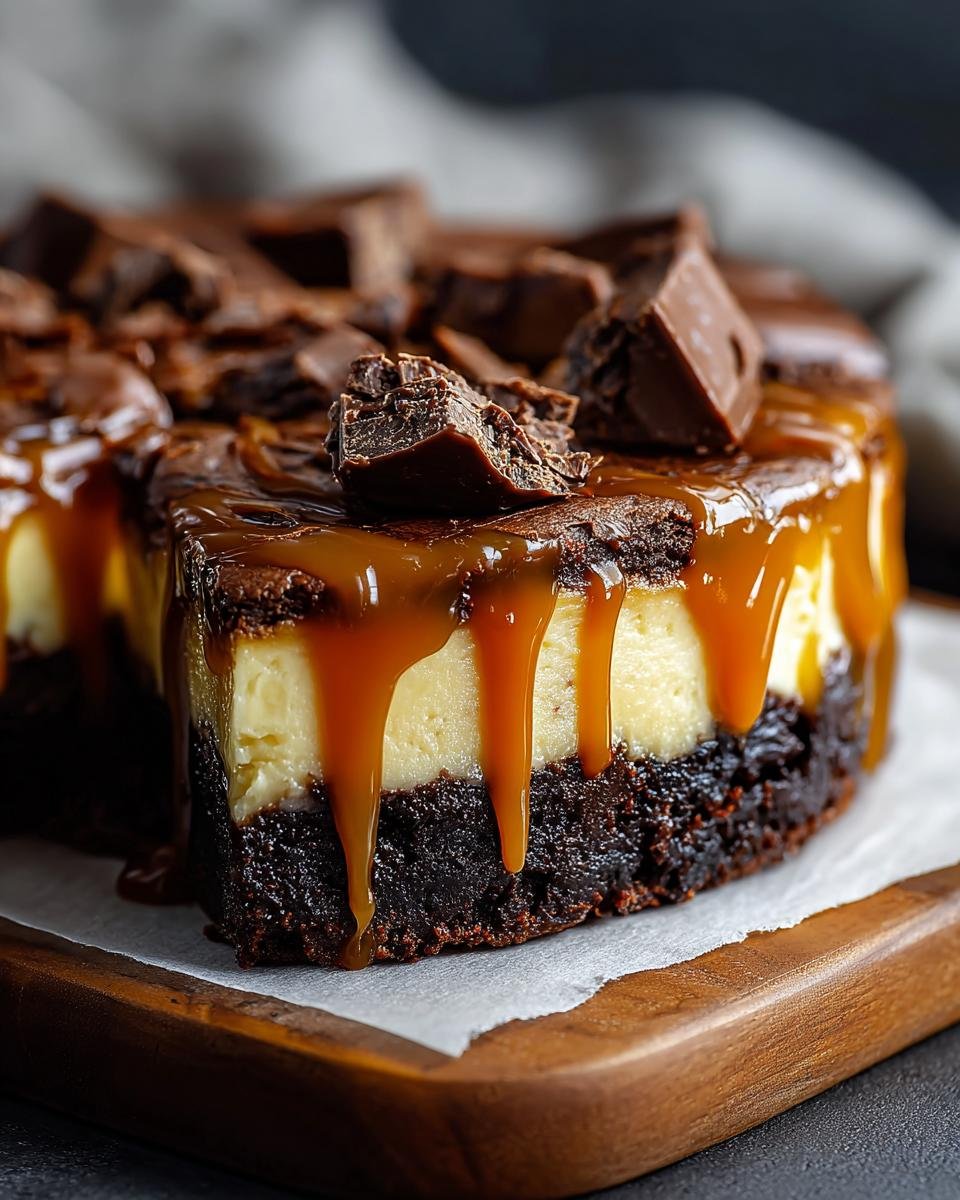 Gros plan sur une tranche de Cheesecake Brownie au Caramel Facile, avec du caramel coulant et des morceaux de chocolat.