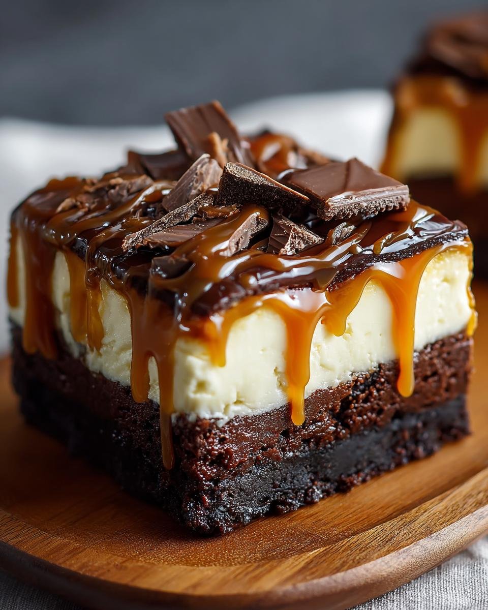 Gros plan d'une tranche de Cheesecake Brownie au Caramel Facile, avec une couche de brownie, de cheesecake et un coulis de caramel.