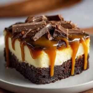 Gros plan d'une tranche de Cheesecake Brownie au Caramel Facile, garnie de chocolat et de caramel coulant.