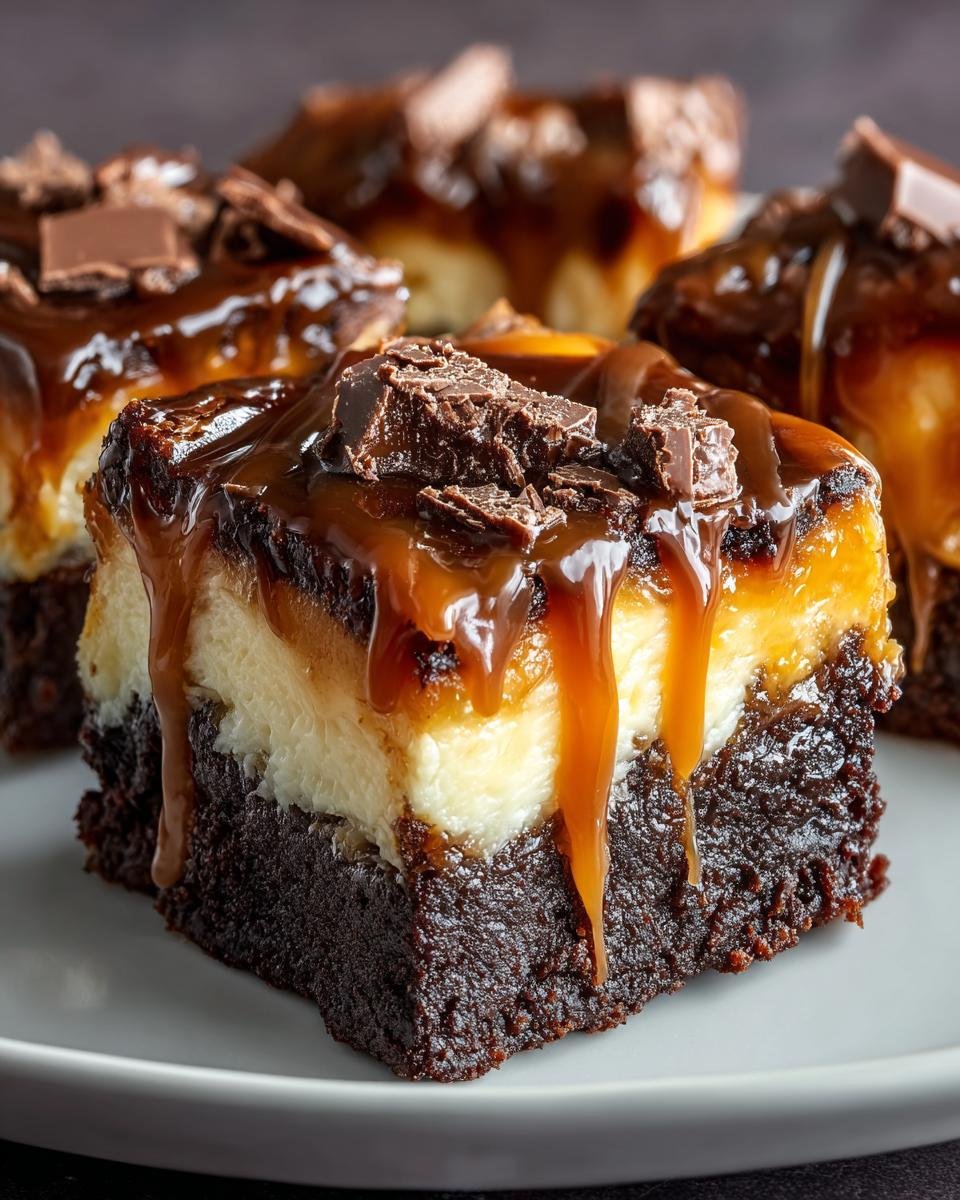 Gros plan sur une part de Cheesecake Brownie au Caramel, avec un coulis généreux et des éclats de chocolat.