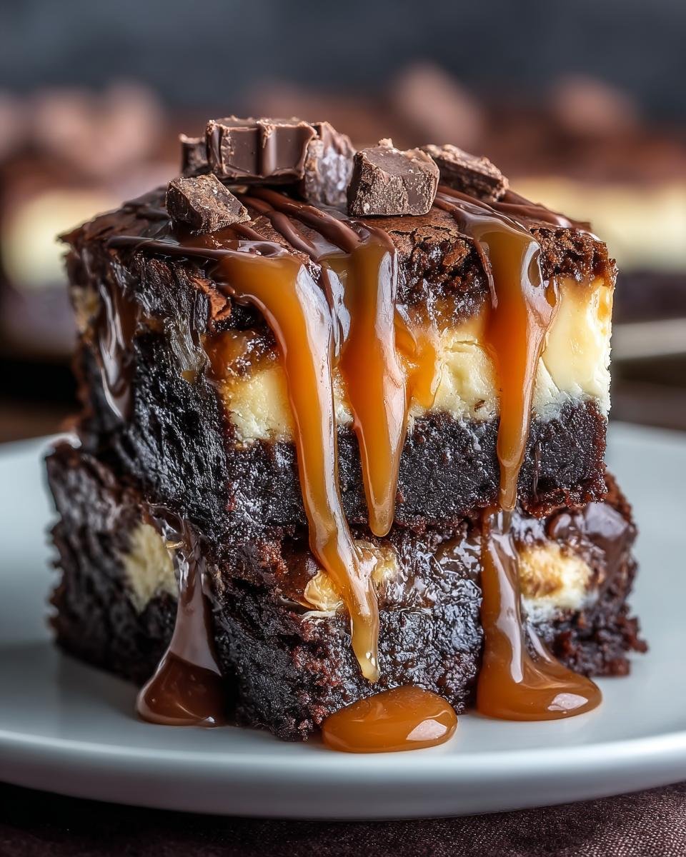 Gros plan d'une tranche de cheesecake brownie au caramel, nappée de sauce caramel et garnie de morceaux de chocolat.