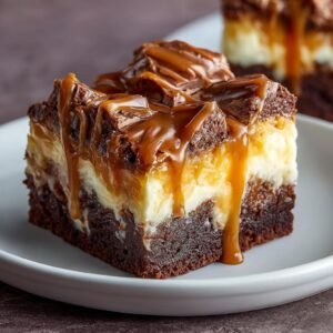 Gros plan d'une tranche de Cheesecake Brownie au Caramel Rapide, avec un coulis de caramel dégoulinant.