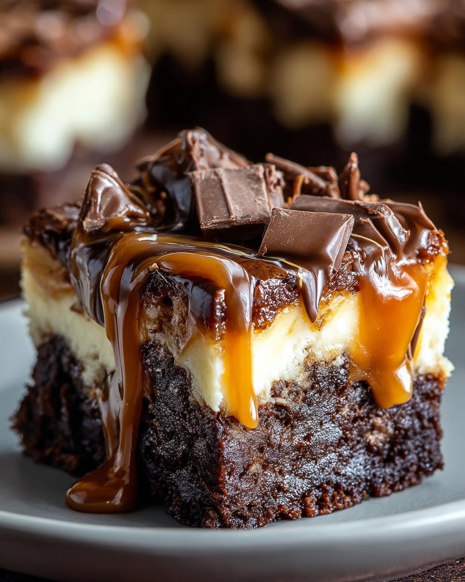 Gros plan d'une tranche de Cheesecake Brownie au Caramel Rapide, nappée de sauce caramel et garnie de chocolat.