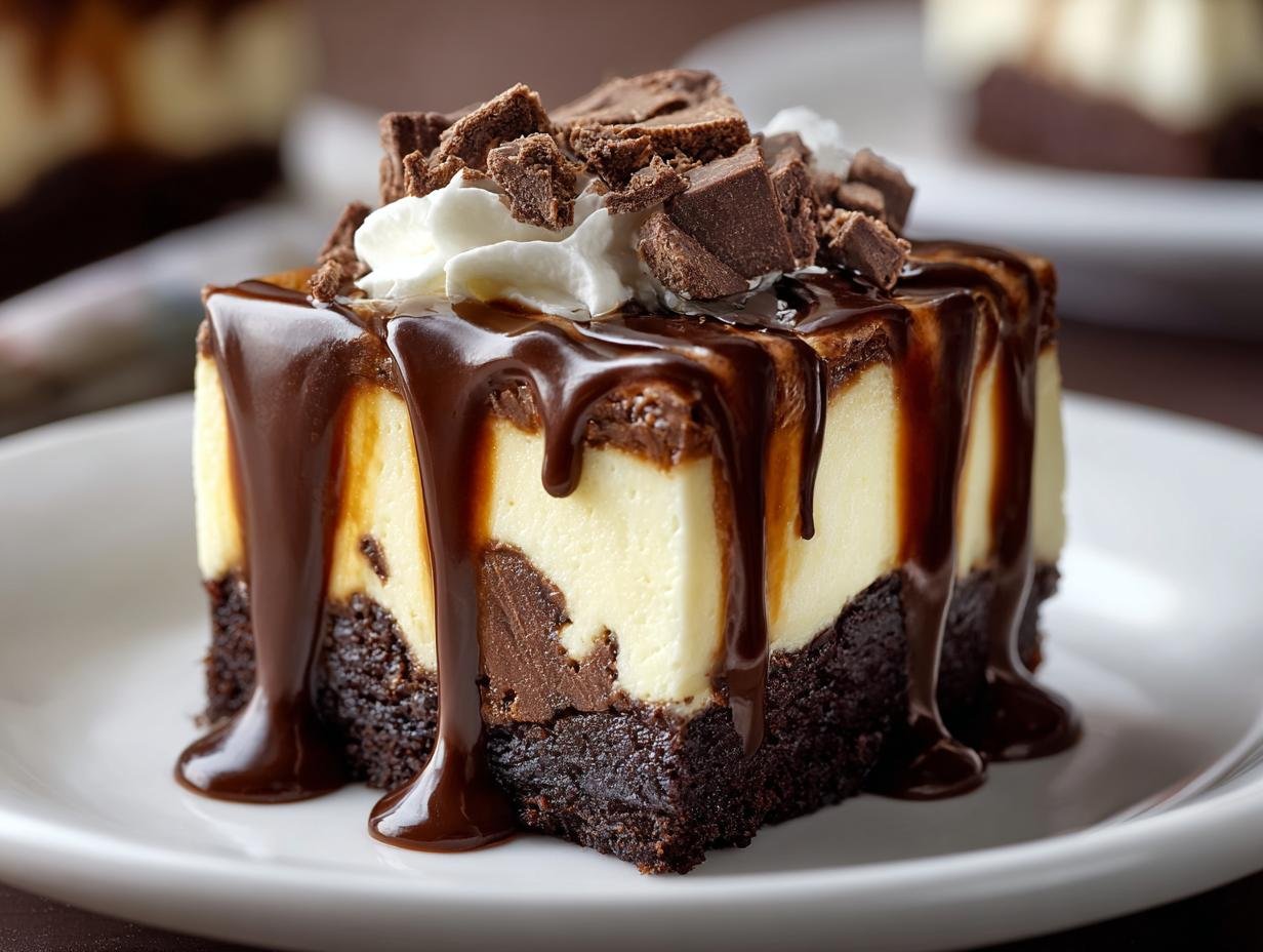 Gros plan d'une part de Cheesecake Brownie Fudge Chaud, nappée de chocolat et garnie.