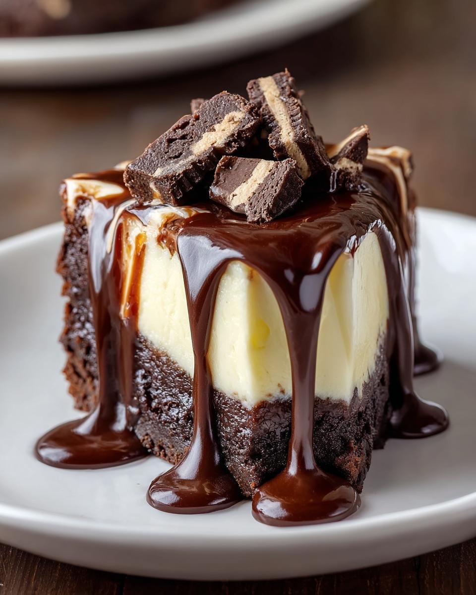 Gros plan d'une tranche de Cheesecake Brownie Fudge Chaud, nappée de chocolat et garnie de morceaux de brownie.