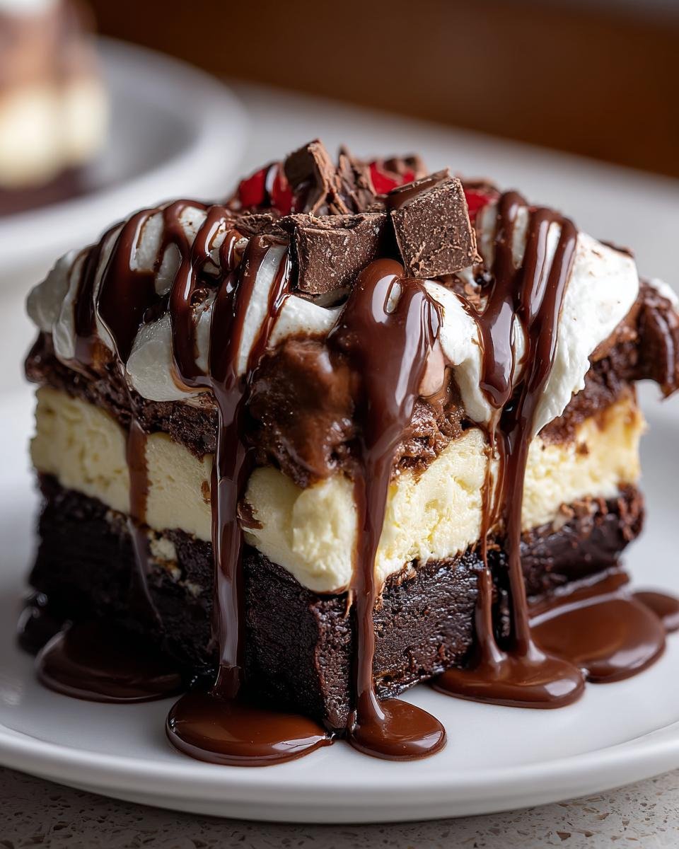 Cheesecake Brownie Hot Fudge : 1 recette divine. 1 Gros plan d'une part de Cheesecake Brownie Hot Fudge dégoulinant de sauce chocolat et garni de crème fouettée et de copeaux de chocolat.