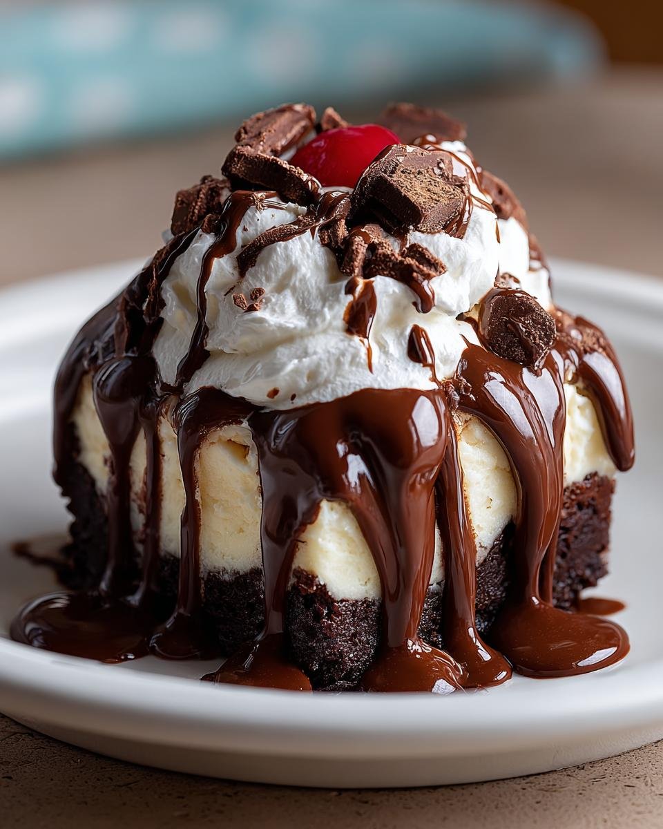 Cheesecake Brownie Hot Fudge : 1 recette divine. 3 Gros plan d'un Cheesecake Brownie Hot Fudge garni de crème fouettée, de copeaux de chocolat et d'une cerise.