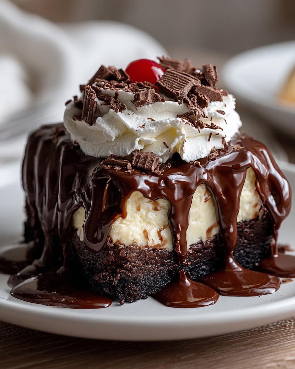 Cheesecake Brownie Hot Fudge : 1 recette divine. 4 Gros plan d'un Cheesecake Brownie Hot Fudge, garni de crème fouettée, copeaux de chocolat et cerise.