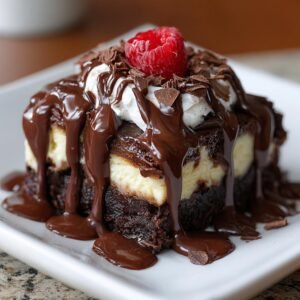 Gros plan d'un Cheesecake Brownie Hot Fudge garni de crème, de copeaux de chocolat et d'une framboise.