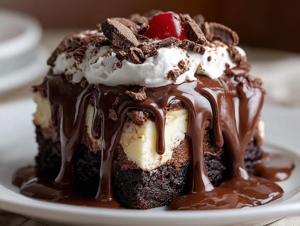 Cheesecake Brownie Hot Fudge : 1 recette divine. 2 Gros plan d'un Cheesecake Brownie Hot Fudge dégoulinant de sauce chocolat, garni de crème fouettée et d'une cerise.