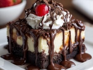 Gros plan d'une part de Cheesecake Brownie Hot Fudge, garnie de crème, de copeaux de chocolat et d'une cerise.