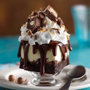 Gros plan d'un Cheesecake Brownie Sundae décadent avec sauce au chocolat, crème fouettée et garnitures.