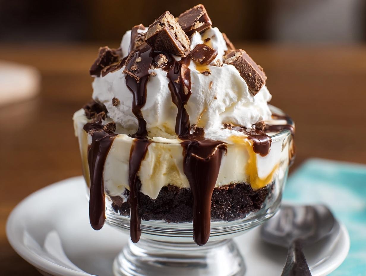 Gros plan d'un Cheesecake Brownie Sundae avec crème fouettée, sauce chocolat et morceaux de brownie.