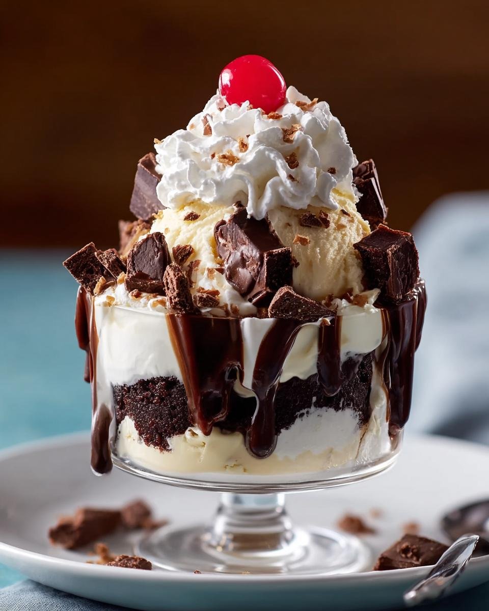 Gros plan d'un Cheesecake Brownie Sundae avec crème fouettée, sauce chocolat et morceaux de brownie.
