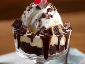 Gros plan d'un Cheesecake Brownie Sundae avec glace, crème fouettée, morceaux de brownie et cerise.