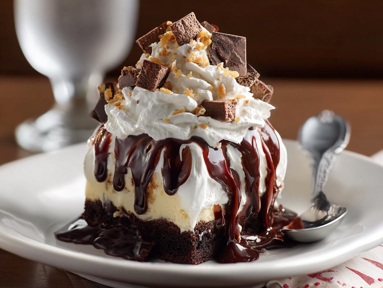 Gros plan d'un Cheesecake Brownie Sundae généreusement arrosé de sauce chocolat, garni de crème fouettée, de morceaux de brownie et de croquant.