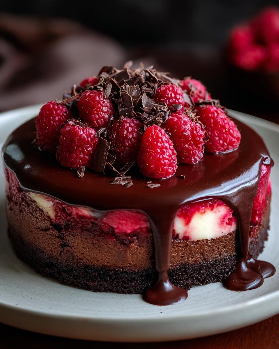 Gros plan d'un cheesecake chocolat noir framboise avec un glaçage au chocolat, des framboises fraîches et des copeaux de chocolat.