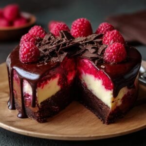 Gros plan d'un cheesecake chocolat noir framboise avec une part coupée, garni de framboises fraîches et de copeaux de chocolat.