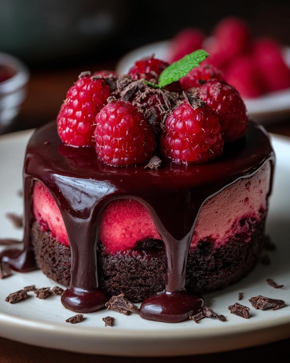 Gros plan d'un cheesecake chocolat noir framboise individuel, garni de framboises fraîches et de sauce chocolat.