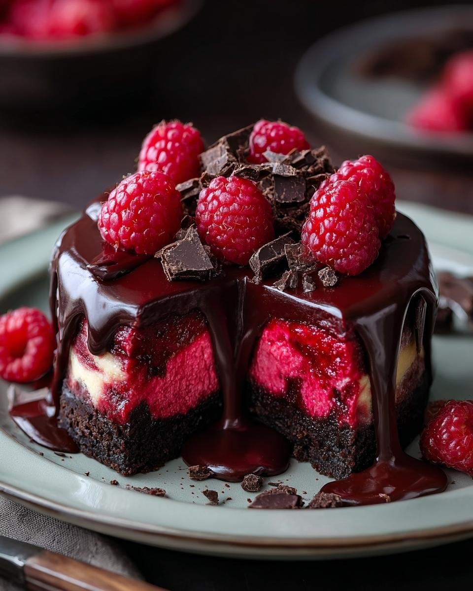 Gros plan d'une tranche de cheesecake chocolat noir framboise, garnie de framboises fraîches et de copeaux de chocolat.