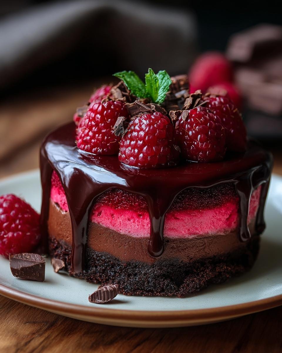 Gros plan d'un cheesecake chocolat noir framboise individuel, garni de framboises fraîches et de glaçage au chocolat.